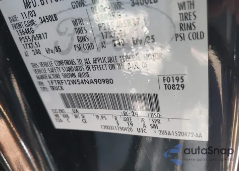 2004 Ford F150 z USA, uszkodzony, nr VIN 1FTRF12W54NA90980